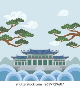 Korean traditional illustrations with traditional Korean houses and traditional patterned pine trees