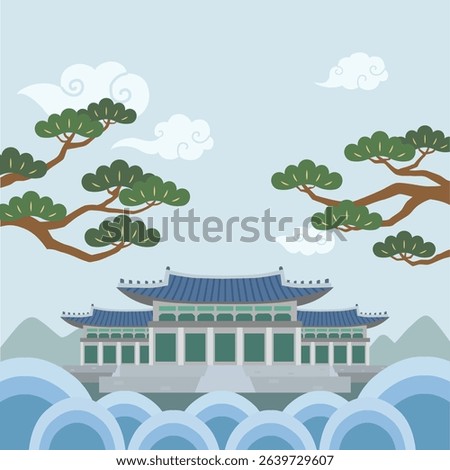 Korean traditional illustrations with traditional Korean houses and traditional patterned pine trees