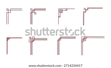 Korean traditional line borders set with knot corners ornament. Collection festive asian frame corners. Traditional Asian pattern for decoration of banners, holiday cards and Asian culture products