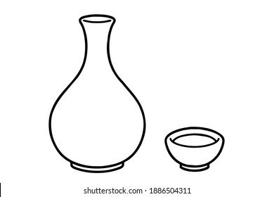 A Korean traditional liquor bottle and a cup. Vector line art illustrations set.