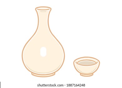 A Korean traditional liquor bottle and a cup. Vector illustrations set.