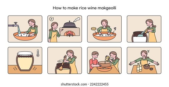 Korean traditional liquor is made in the traditional way. Makgeolli brewing process information illustration.