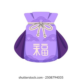 Bolsa de sorte tradicional coreana. Bolsa de dinheiro do feriado lunar chinês. Bênção, tradução de texto no bokjumeoni de seda asiático oriental para presente de moeda. Ilustração de vetor plano isolada no plano de fundo branco