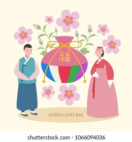 Korean traditional lucky bag and costume characters. vector illustration flat design