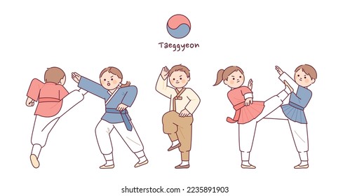 Korean traditional martial arts. Cute characters practicing Taekkyeon.