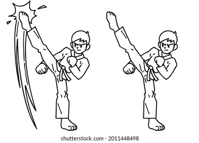 Korean traditional martial arts Taekwondo. Vector line art illustrations set.