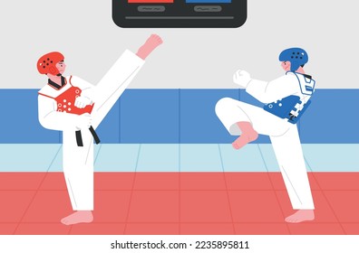 Korean traditional martial arts. Two athletes wearing protective gear and having a taekwondo match.