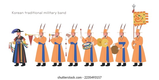 Banda militar tradicional coreana. Soldados con trajes tradicionales están tocando instrumentos musicales tradicionales.