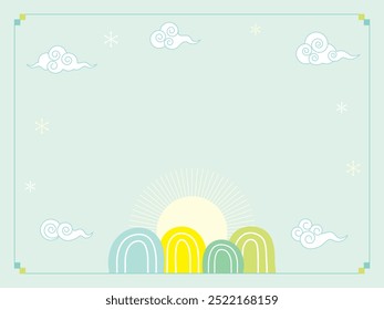 Korean traditional mountain and cloud pattern sunrise line border background illustration