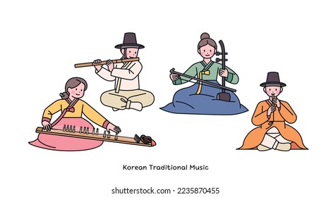 Korean traditional music. Musicians playing various instruments.