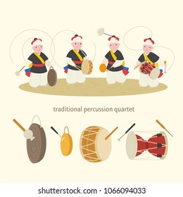 Korean traditional music percussion quartet. vector illustration flat design