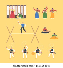 Korean traditional music and traditional play. flat design style vector graphic illustration set