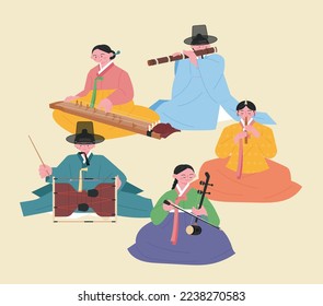 Korean traditional music quartet. People wearing hanbok are playing gayageum, daegeum, janggu, haegeum, and piri.