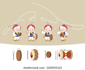 Korean traditional musical instrument, dance samulnori, pungmul, performer character, design set