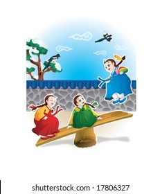 Korean Traditional New Year Day with asian cute young friends on background with bright blue sky and a stone wall : vector illustration