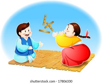 Korean Traditional New Year Day with cute asian young children on blue background : vector illustration