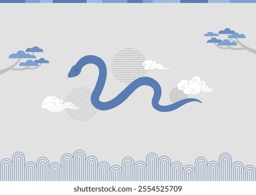 Korean traditional New Year illustration with a blue snake.