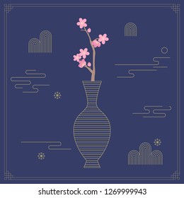 Korean traditional object line vector illustration. Flower, vase and pattern.