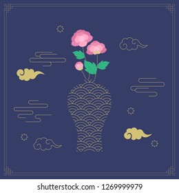 Korean traditional object line vector illustration. Flower, vase and pattern.