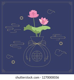 Korean traditional object line vector illustration. Flower, lucky pocket and pattern.