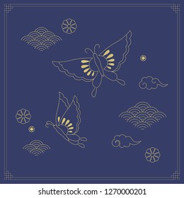 Korean traditional object line vector illustration. Butterfly and pattern.