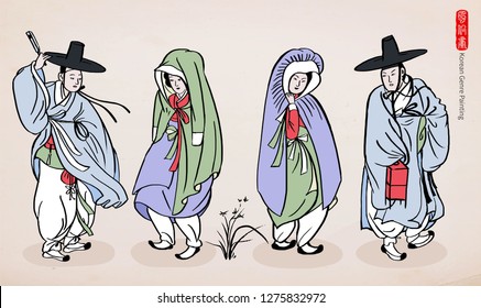 Korean traditional painting - Couples wearing Korean traditional clothes, Hanbok. Hand drawn / Vector illustration. (Translate red letters : 'Genre painting')