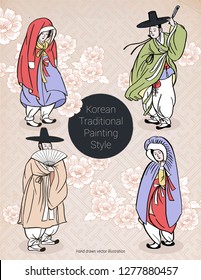 Korean traditional painting(Korean genre painting) - Couples wearing Korean traditional clothes, Hanbok. Flower pattern background. Hand drawn / Vector illustration.