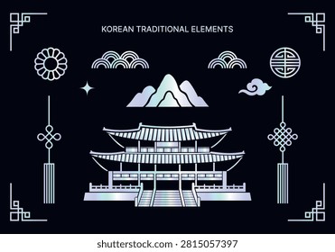 Korean Traditional Palace and Decorative Elements Collection in Mother of Pearl Style Vector Set