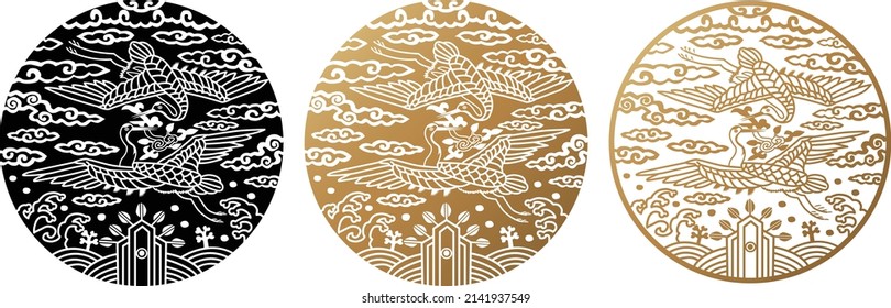 Fuente gráfica de fondo de patrón tradicional coreano, diseño vectorial de color dorado 