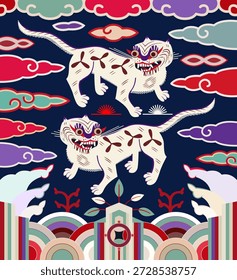 Patrón tradicional coreano Hyungbae, Joseon Dinastía Militar Oficial Rango Insignia con dos tigres Bordado Ilustración vectorial | 두 마리 호랑이가 그려진 쌍호흉배(雙虎胸背)