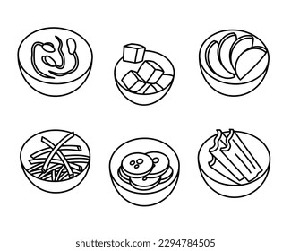 Korean traditional pickled apetizer snack set. Kimchi, bean sprout, pickle, carrot. Black and white line doodle food illustration.