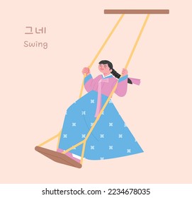 korean traditional play. A girl wearing a hanbok is riding on a swing. Korean translation: swing