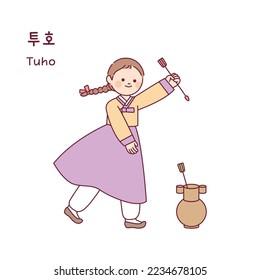 obra tradicional coreana. Una chica con un hanbok está jugando un juego de arrojar una flecha a un frasco. Traducción coreana: Tuho