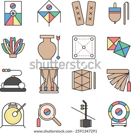 Korean traditional play instruments simple icon set