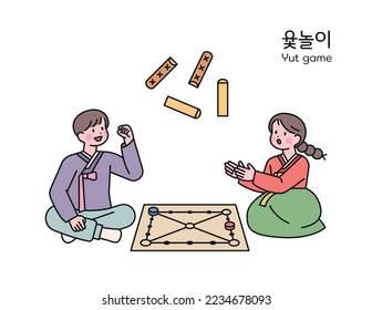 korean traditional play. Two friends wearing hanbok are playing Yutnori, a traditional board game. Korean translation: Yutnori