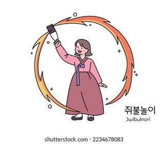 korean traditional play.A girl wearing a hanbok is playing the traditional game of turning a can with a fire.  Korean translation: Jwibulnori