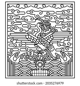 Korean traditional red crowned crane pattern. Vector line art illustration.