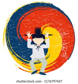 Korean traditional Sam Taegeuk symbol with a boy with Joseon gat hat on. Tricolored Taegeuk also known as Samtaegeuk is variant of Taijitu symbol in Korea. Gaecheonjeol or National Foundation Day icon