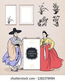 Korean traditional Style in Illustration - Couple wearing Korean traditional clothes, Hanbok. men and women holding banner. Hand drawn / Vector illustration.