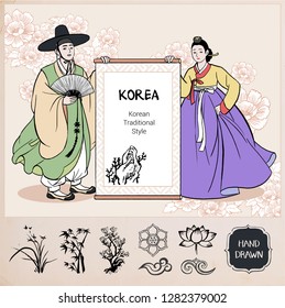 Korean traditional Style in Illustration - Couple wearing Korean traditional clothes, Hanbok. men and women holding banner. Flower pattern background. Hand drawn / Vector illustration.