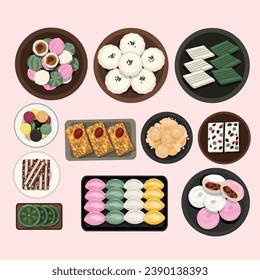 Korean traditional sweet rice cake. Kultteok, jeungpyeon, jeolpyeon, gyeongdan, yaksik or yakbap , injeolmi, baekseolgi, sirutteok, gaetteok , songpyeon ,chapssaltteok,  Illustration Vector.