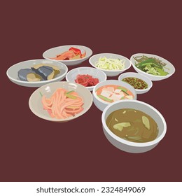 Koreanischer traditioneller Tisch mit Misosuppe und Kimchi