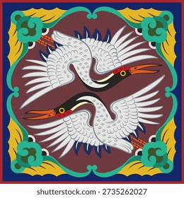 Korean Traditional Twin Crane Pattern Vector : Symbolic Illustration for Longevity, Marital Bliss, and Success | 한국 전통 쌍학(雙鶴)문양 벡터