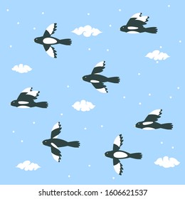 Korean traditional vector illustration. Cloud and Magpies pattern.
