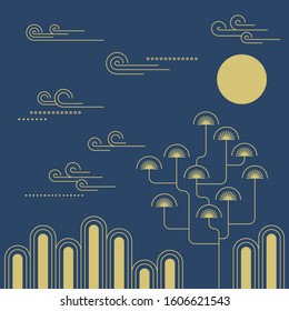 Korean traditional vector illustration. Cloud, Pine tree, Mountain, Sun on dark blue background.