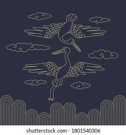 Korean traditional vector illustration. Crane and clouds line drawing.