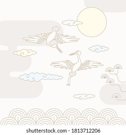 Korean traditional vector illustration with full moon and red-crowned crane.