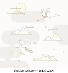 Korean traditional vector illustration with full moon and red-crowned crane.