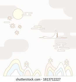 Korean traditional vector illustration with full moon and red-crowned crane.
