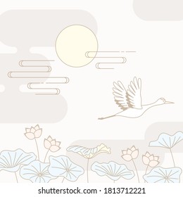 Korean traditional vector illustration with lotus flowers and red-crowned crane.